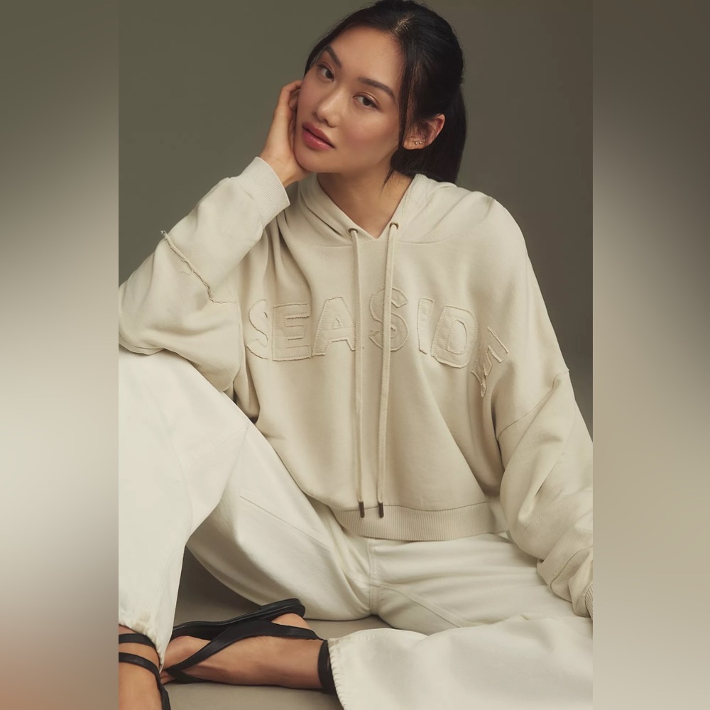 Pilcro Cream Seaside Embroidered Hoodie Sweater